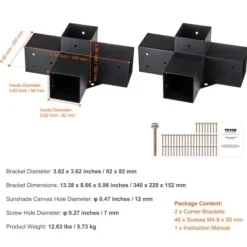 Pergola beslagssæt, 4-vejs kraftigt hjørnebeslag, 10,2x10,2 cm, sort, stål