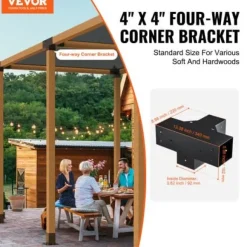 Pergola beslagssæt, 4-vejs kraftigt hjørnebeslag, 10,2x10,2 cm, sort, stål