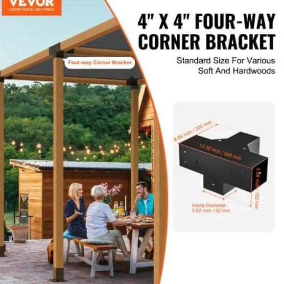 Pergola beslagssæt, 4-vejs kraftigt hjørnebeslag, 10,2x10,2 cm, sort, stål