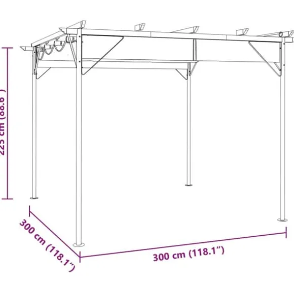 Pergola med sammenrulleligt tag 3x3 m - Robust antracitgrå stål | Vægt: 180 g/m²