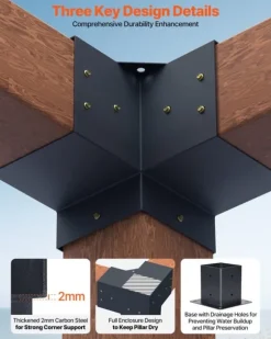 Pergolabeslagsæt - Kraftige 3-vejs hjørnebeslag - Indre mål 92 x 92 mm - Passer til 10,2 x 10,2 cm stolper - 4 stk - Til træbjælker
