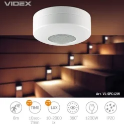 PIR bevægelses- og lyssensor 1200W IP20 8 meter rund Videx