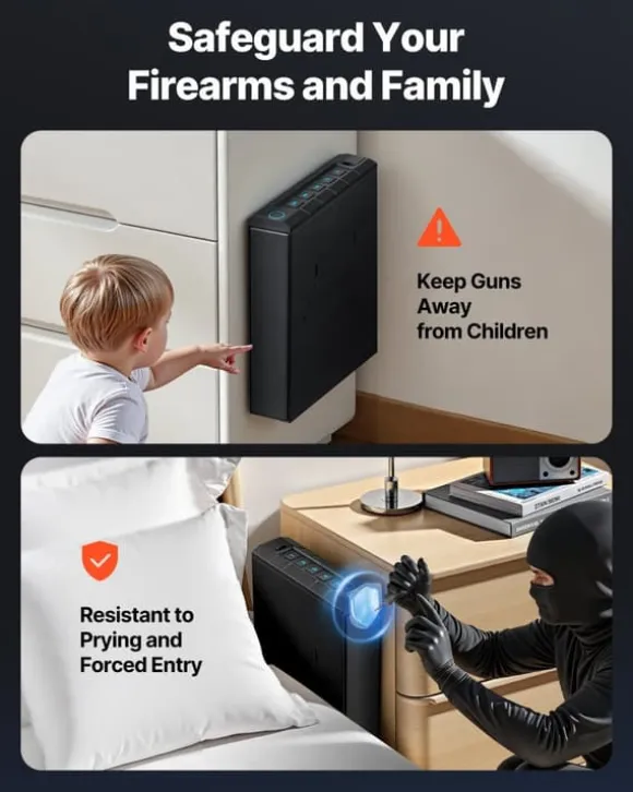 Pistolboks - Biometrisk Våbenskab - Hurtig 3-vejs Adgang - Fingeraftryk/Kode/Nøgle - Monterbar I Bil/Natbord - Til 1 Pistol + Magasin
