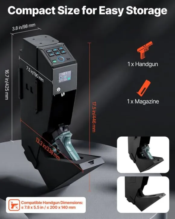 Pistolskab - Biometrisk pistolboks - Hurtig 3-vejs adgang Fingeraftryk/Kode/Nøgle - LED-lys - Til 1 pistol + magasin - Monterbar til natbord/bil