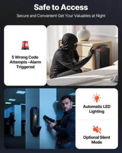 Pistolskab - Biometrisk pistolboks - Hurtig 3-vejs adgang Fingeraftryk/Kode/Nøgle - LED-lys - Til 1 pistol + magasin - Monterbar til natbord/bil