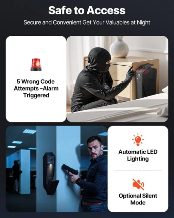 Pistolskab - Biometrisk pistolboks - Hurtig 3-vejs adgang Fingeraftryk/Kode/Nøgle - LED-lys - Til 1 pistol + magasin - Monterbar til natbord/bil