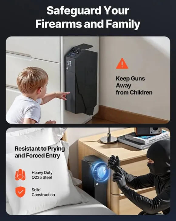 Pistolskab - Biometrisk pistolboks - Hurtig 3-vejs adgang Fingeraftryk/Kode/Nøgle - LED-lys - Til 1 pistol + magasin - Monterbar til natbord/bil