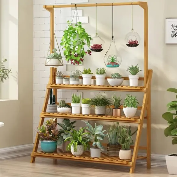Plantebord, 3 niveauer, justerbar højde, naturlig bambus,XL, Naturligt Træ