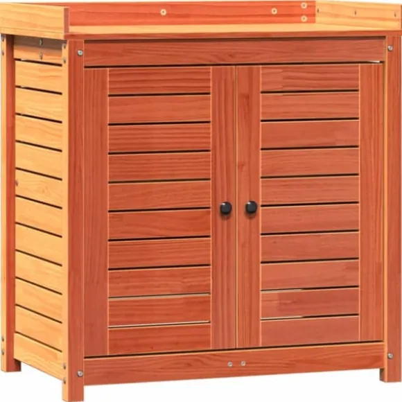 Plantebord i massivt fyrretræ med hylder - Pottebord til have | Størrelse: 82,5x50x86,5 cm | Farve: Brun