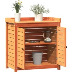 Plantebord i massivt fyrretræ med hylder - Pottebord til have | Størrelse: 82,5x50x86,5 cm | Farve: Brun