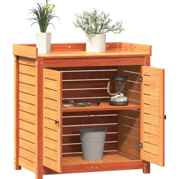 Plantebord i massivt fyrretræ med hylder - Pottebord til have | Størrelse: 82,5x50x86,5 cm | Farve: Brun