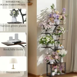Planteholder & Blomsterhylde - Hjørnemodel i træ - Træformet - 7 Hylder - 151 cm - Med LED-lys - Indendørs - Grå