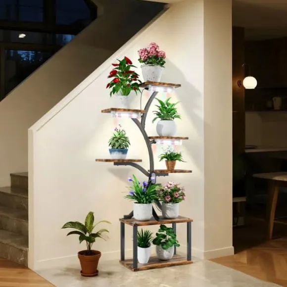 Planteholder & Blomsterhylde - Hjørnemodel i træ - Træformet - 7 Hylder - 151 cm - Med LED-lys - Indendørs - Grå