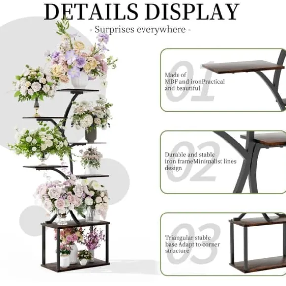 Planteholder & Blomsterhylde - Hjørnemodel i træ - Træformet - 7 Hylder - 151 cm - Med LED-lys - Indendørs - Grå