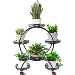 Planteholder - Blomsterkrukkestativ 4 etager - Metal - Med hjul - Kraftig - Rundt design - Sort