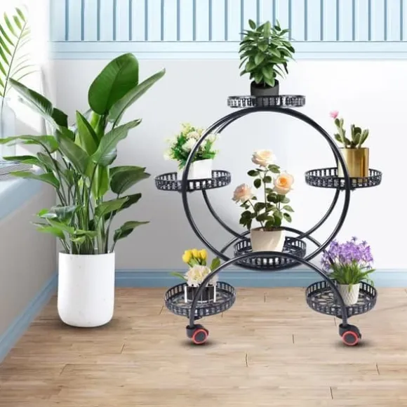 Planteholder - Blomsterkrukkestativ 4 etager - Metal - Med hjul - Kraftig - Rundt design - Sort