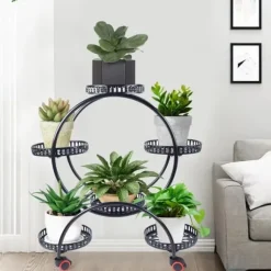 Planteholder - Blomsterkrukkestativ 4 etager - Metal - Med hjul - Kraftig - Rundt design - Sort