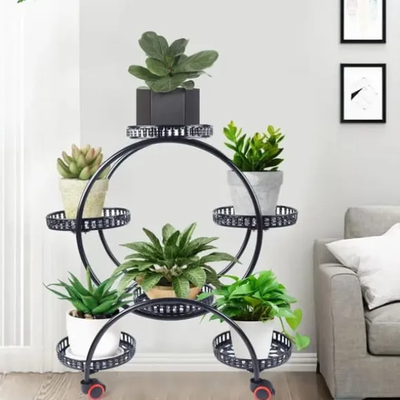 Planteholder - Blomsterkrukkestativ 4 etager - Metal - Med hjul - Kraftig - Rundt design - Sort