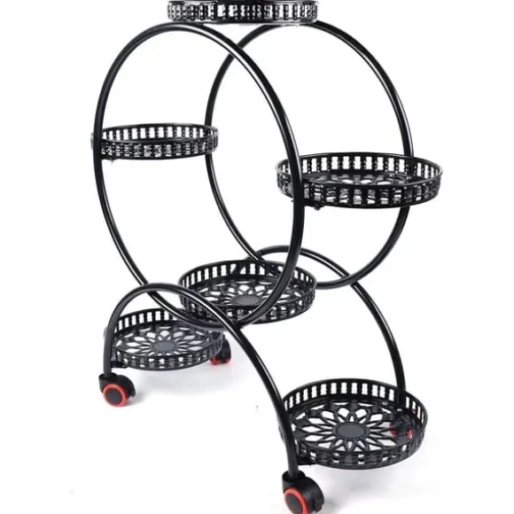 Planteholder - Blomsterkrukkestativ 4 etager - Metal - Med hjul - Kraftig - Rundt design - Sort