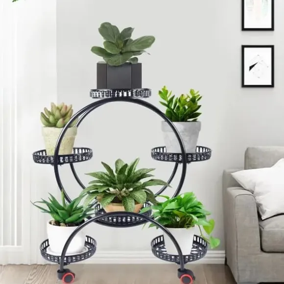 Planteholder - Blomsterkrukkestativ 4 etager - Metal - Med hjul - Kraftig - Rundt design - Sort