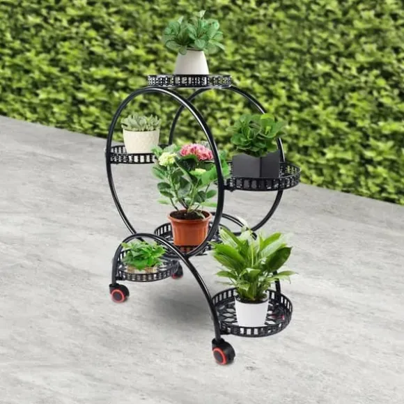 Planteholder - Blomsterkrukkestativ 4 etager - Metal - Med hjul - Kraftig - Rundt design - Sort
