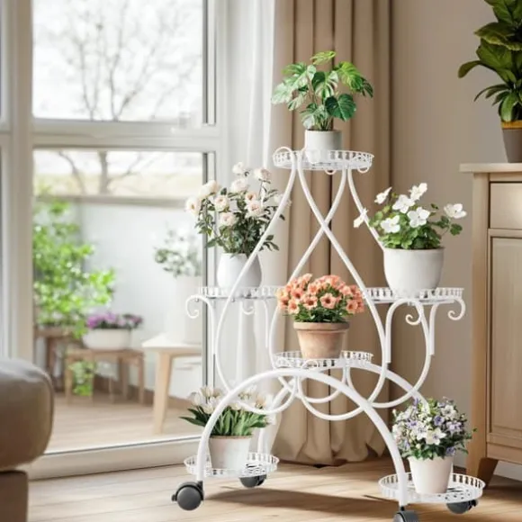 Planteholder - Blomsterstander - 6 Niveauer - Metal - Med Hjul - Til Indendørs/Udendørs, Stue/Balkon - Hvid