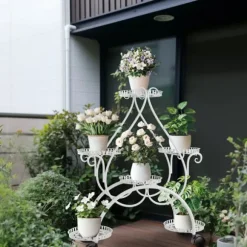 Planteholder - Blomsterstander - 6 Niveauer - Metal - Med Hjul - Til Indendørs/Udendørs, Stue/Balkon - Hvid