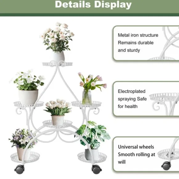 Planteholder - Blomsterstander - 6 Niveauer - Metal - Med Hjul - Til Indendørs/Udendørs, Stue/Balkon - Hvid