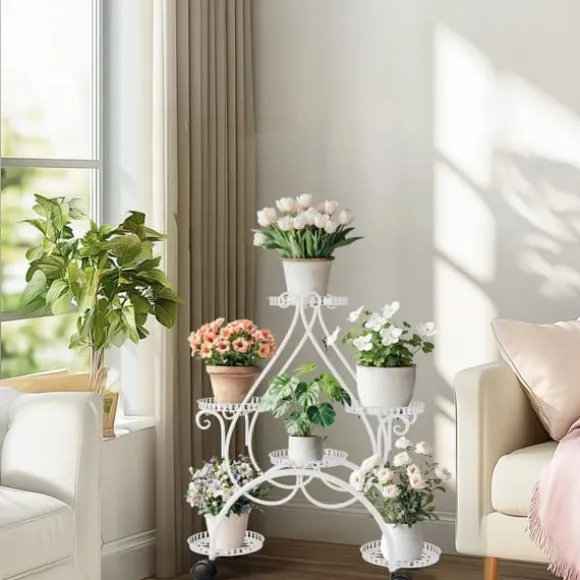 Planteholder - Blomsterstander - 6 Niveauer - Metal - Med Hjul - Til Indendørs/Udendørs, Stue/Balkon - Hvid