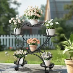 Planteholder - Blomsterstander - Med hjul - 6 niveauer til krukker - Metal - Indendørs & udendørs - Hjerteformet design - Samles - Sort