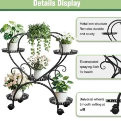 Planteholder - Blomsterstander - Med hjul - 6 niveauer til krukker - Metal - Indendørs & udendørs - Hjerteformet design - Samles - Sort