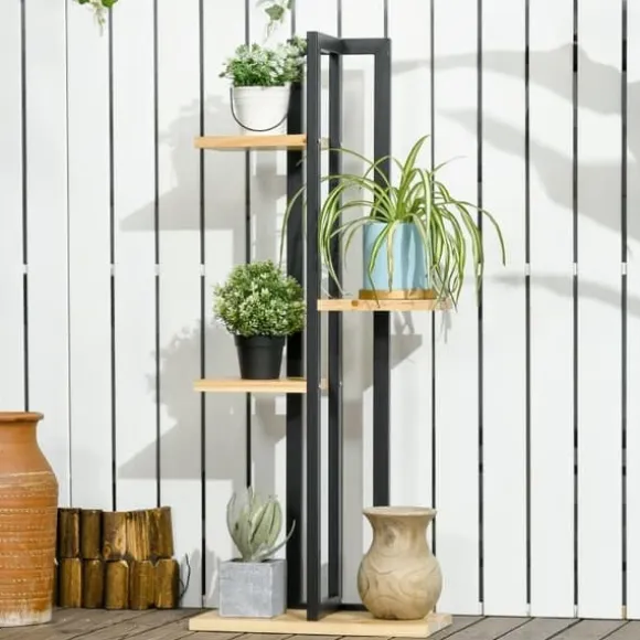 Planteholder 4 niveauer justerbar 110 cm træ sort/natur til inde/ude