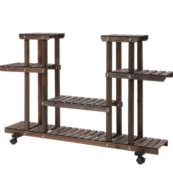 Planteholder 4 niveauer massivt forkullet træ 123,5x33x80 cm have/altan