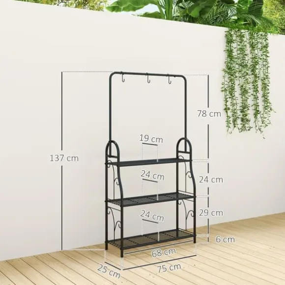 Planteholder 3 niveauer med bøjlestang og kroge 137 cm metal sort