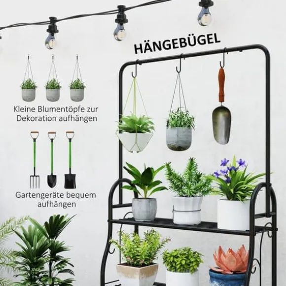 Planteholder 3 niveauer med bøjlestang og kroge 137 cm metal sort