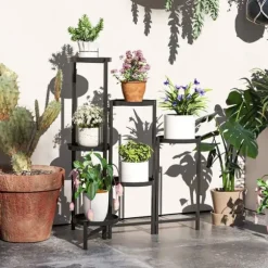 Planteholder 6 niveauer med bakker sammenklappelig 80 cm metal sort