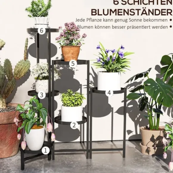 Planteholder 6 niveauer med bakker sammenklappelig 80 cm metal sort