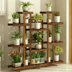 Planteholder i træ - Blomsterhylde - 11 niveauer - Karboniseret træ - Ekstra bred - Til potter - Inde/ude - Selvmontering - Brun