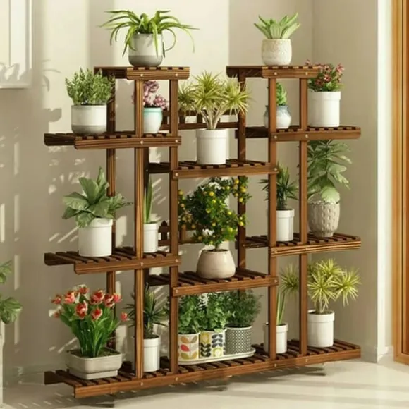 Planteholder i træ - Blomsterhylde - 11 niveauer - Karboniseret træ - Ekstra bred - Til potter - Inde/ude - Selvmontering - Brun