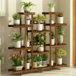 Planteholder i træ - Blomsterhylde - 11 niveauer - Karboniseret træ - Ekstra bred - Til potter - Inde/ude - Selvmontering - Brun