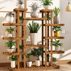 Planteholder i træ - Blomsterhylde - 11 niveauer - Karboniseret træ - Ekstra bred - Til potter - Inde/ude - Selvmontering - Brun