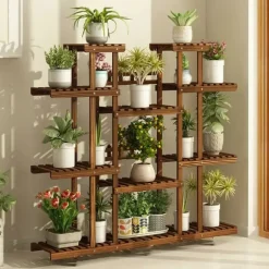 Planteholder i træ - Blomsterhylde - 11 niveauer - Karboniseret træ - Ekstra bred - Til potter - Inde/ude - Selvmontering - Brun