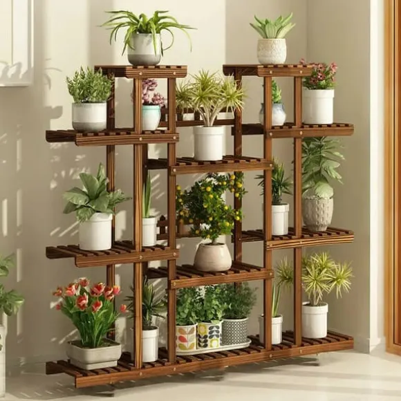 Planteholder i træ - Blomsterhylde - 11 niveauer - Karboniseret træ - Ekstra bred - Til potter - Inde/ude - Selvmontering - Brun