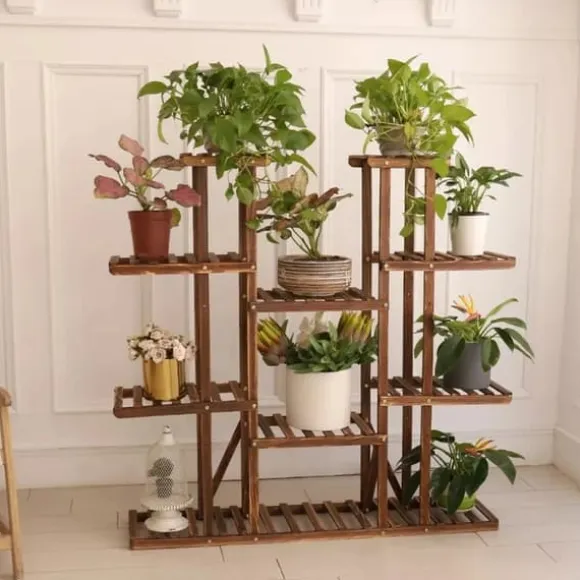 Planteholder i træ - Blomsterhylde - 11 niveauer - Karboniseret træ - Ekstra bred - Til potter - Inde/ude - Selvmontering - Brun