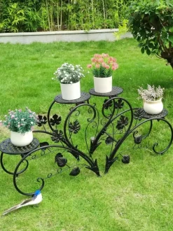Planteholder 2-pak - Blomsterhylde - Rustbestandigt metal - Fire niveauer - Inde/ude altan have kontor - Samling - Sort