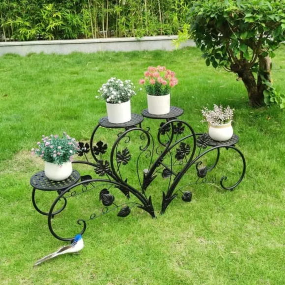 Planteholder 2-pak - Blomsterhylde - Rustbestandigt metal - Fire niveauer - Inde/ude altan have kontor - Samling - Sort