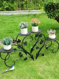 Planteholder 2-pak - Blomsterhylde - Rustbestandigt metal - Fire niveauer - Inde/ude altan have kontor - Samling - Sort