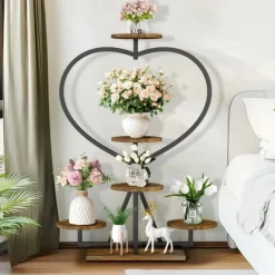 Plantehylde - Blomsterreol - 5-etagers metal - Hjerteform - Til altan og have - Samling kræves - Sort