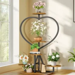 Plantehylde - Blomsterreol - 5-etagers metal - Hjerteform - Til altan og have - Samling kræves - Sort