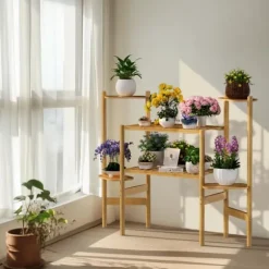 Plantehylde - Hjørnestativ i bambus med 6 niveauer - Str. L - Til blomsterkrukker inde/ude - Pladsbesparende - Gul